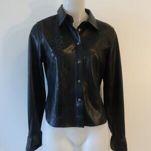 Womens Roadie Couture Faux Leather Black Button Down Shirt W/Rose Print M